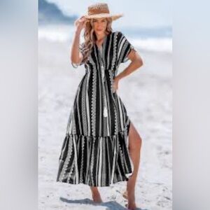 ELAN Sz S Black White Striped Maxi Dress with Tie Waist Tassels Ruffle Hem Slit